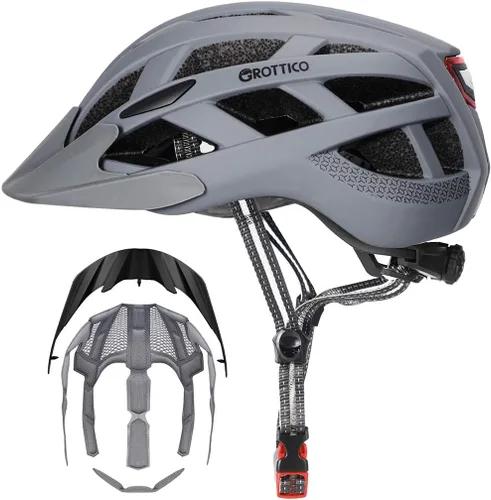 Casco de bicicleta para adultos, hombres y mujeres, con luz - Casco de bicicleta de montaña y carretera con almohadillas de repuesto y visera Gris