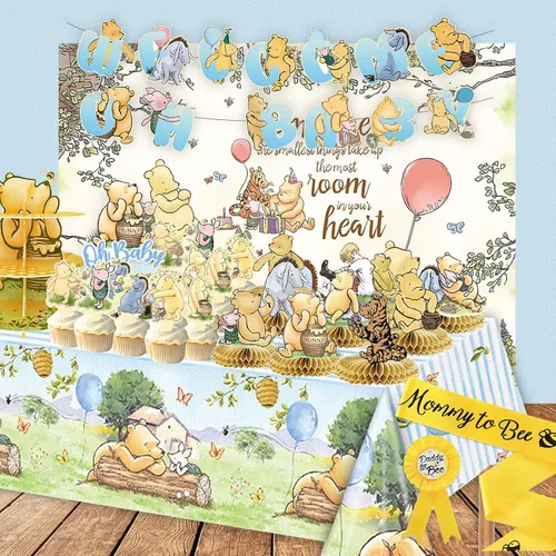 Kit de Decoraciones Clásicas de Winnie para Baby Shower, Todo-en-1 Suministros de Fiesta Vintage de Winnie, Telón de Fondo Clásico de Winnie the