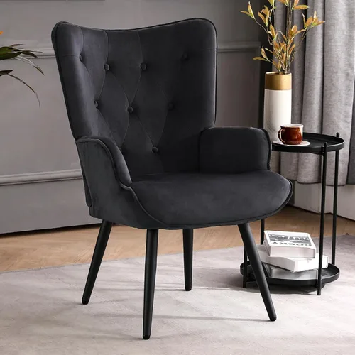 Miniatura 15 de Furniliving Silla de Acento de Terciopelo para Sala de Estar, Silla de Lectura Tapizada con Respaldo Alto, Sillón de Respaldo Alado con Botones Negro