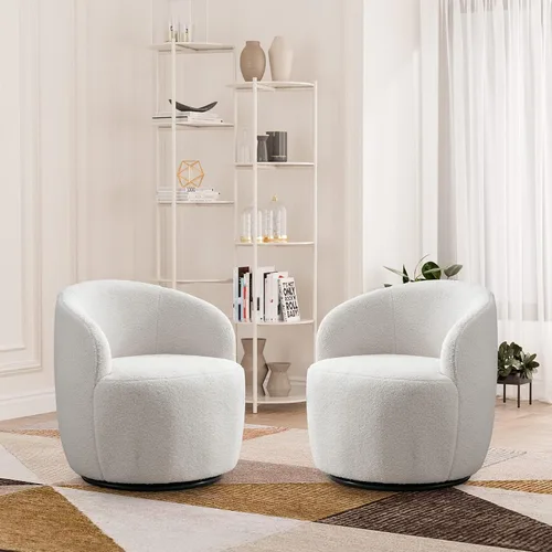 Miniatura 9 de Wrofly Silla giratoria de barril moderna, cómoda silla giratoria Boucle, cómoda silla redonda de chenilla, pequeña silla tapizada para sala