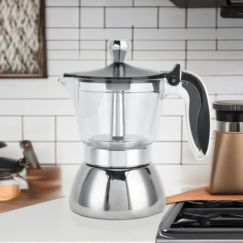 Miniatura 5 de Fdit Cafetera de acero inoxidable, olla octogonal para estufa, diseño transparente, capacidad de 6.8 fl oz, acrílico y acero inoxidable