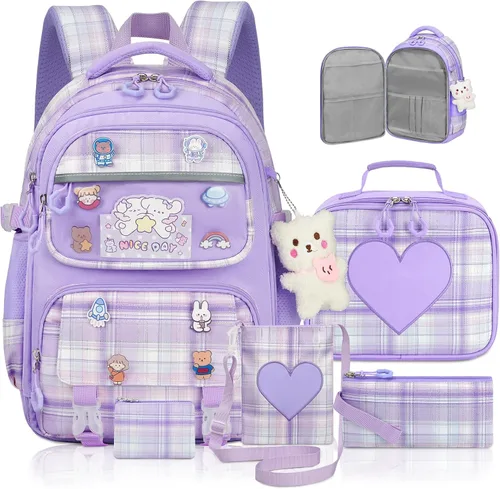 Miniatura 7 de Linda mochila para niñas, paquete de 5 mochila kawaii estética con juego de lonchera, bonita mochila escolar azul para niños y adolescentes primarias