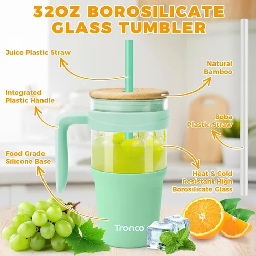Miniatura 3 de Tronco Vaso de vidrio de 32 onzas con asa, popote y tapa de bambú, cabe en el soporte para tazas, taza de batido de café helado, sin BPA, apto