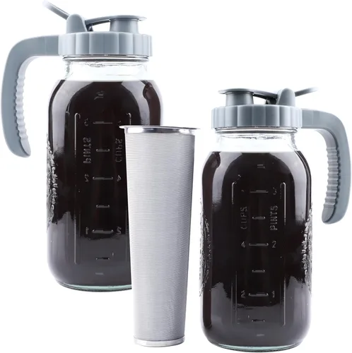 Cafetera fría de 64 onzas, paquete de 2 jarras de cerveza fría con infusor de 2 cuartos de galón de boca ancha, cafetera helada con tapa de boquilla