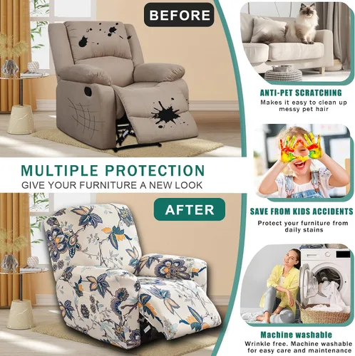 Miniatura 4 de NILUOH Funda para sillón reclinable, 4 piezas, elástica, estampada, con bolsillo lateral, funda para sofá reclinable, antideslizante, ajustable, 16