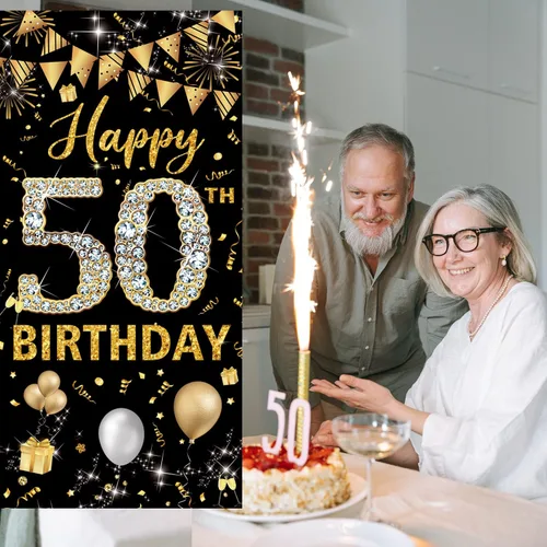 Miniatura 4 de Decoración de cumpleaños número 50 para puerta, decoración de feliz cumpleaños 50 negro y dorado para mujeres y hombres, decoración de póster