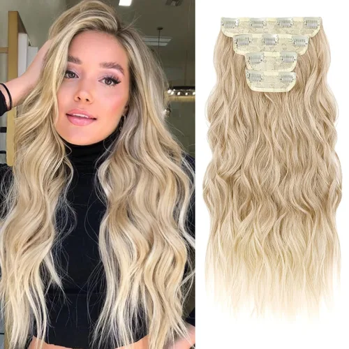 Miniatura 34 de REECHO Extensiones de cabello, 4 extensiones de cabello con clip, HE001, extensiones de cabello sintético suave natural para mujer, rubio claro
