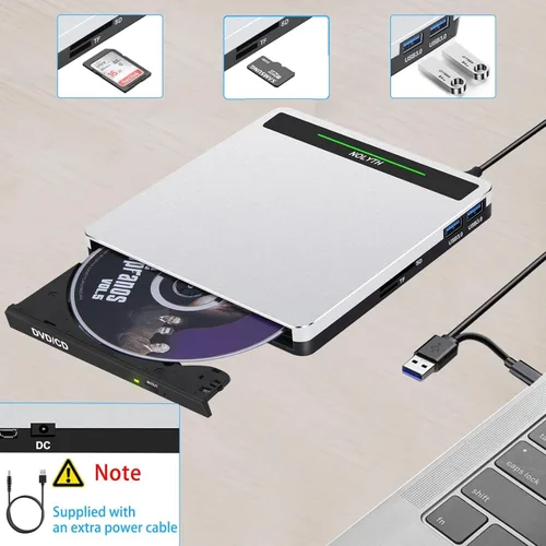 Miniatura 3 de Unidad de CD externa para portátil: USB 3.0 USB C DVD ROM quemador portátil - reproductor óptico de CD/DVD con puertos SD/TF/2 USB compatible