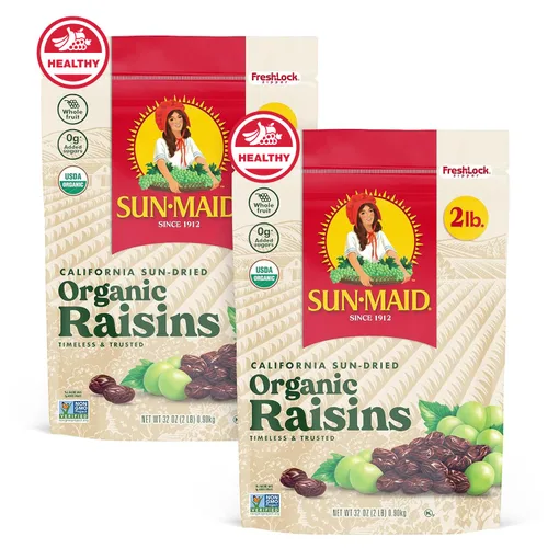 Miniatura 6 de Sun-Maid Pasas Orgánicas de California Secadas al Sol - (Paquete de 2) Bolsa Resellable de 32 oz - Aperitivo de Fruta Seca Orgánica para Almuerzos