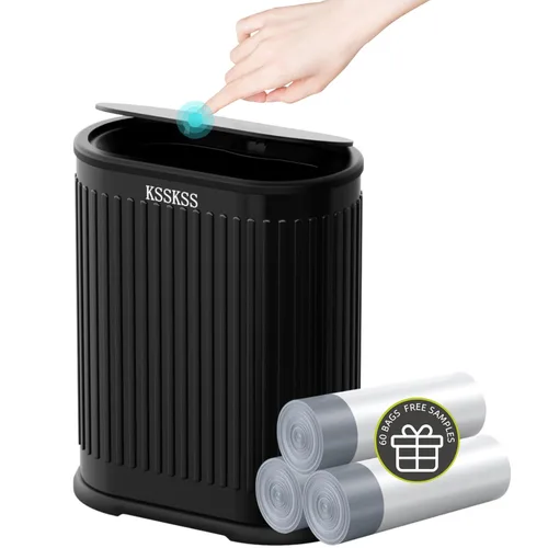 Miniatura 10 de KSSKSS Cubo de basura pequeño de acero inoxidable de 1.8 galones con tapa tipo prensa, cubo de basura delgado para baño, cubo de revestimiento Negro