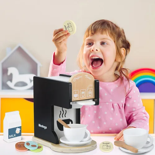 Miniatura 6 de Accesorios de cocina de juguete para niños, cafetera de madera, máquina de café expreso, juego de cocina para niños pequeños para niñas y niños