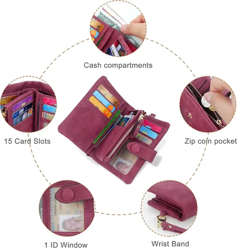 Miniatura 8 de CONISY Billeteras pequeñas de pulsera para mujer, billetera de cuero plegable RFID con ventana de identificación y cremallera