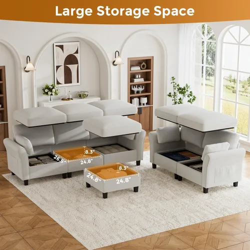 Miniatura 5 de Legend Vansen Sofá modular seccional, cómodo sofá modular en forma de U de 6 asientos con espacio de almacenamiento y diván, sofás seccionales Crema