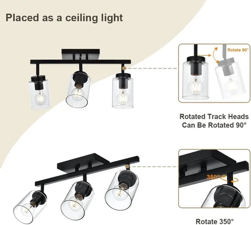 Miniatura 6 de 3 apliques de pared negros de luz para tocador de baño con pantalla de vidrio transparente, lámpara clásica con cabezal de luz giratoria, lámpara