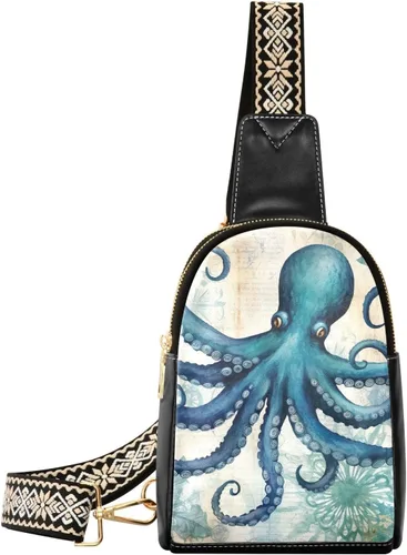 Sling Backpack Octopus Vintage Sling Bag for Women Crossbody Shoulder Bag Leather Fanny Pack Chest Bag for Travel Hiking 202A1793