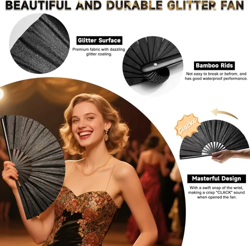 Miniatura 3 de Hasina Ventilador de mano plegable grande con purpurina, ventilador de mano plegable de bambú para hombres y mujeres, diseño brillante para fiestas