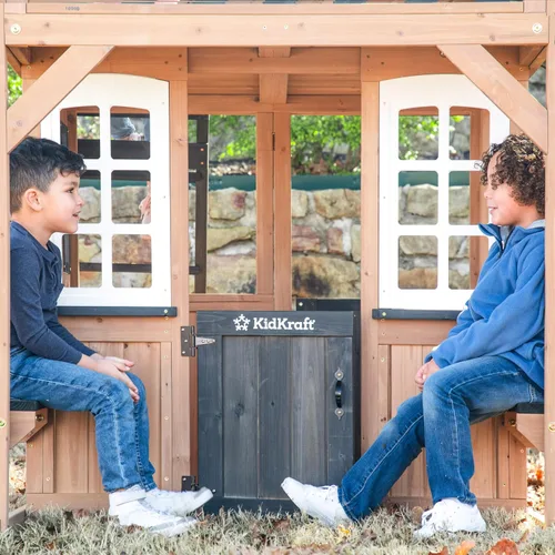 Miniatura 9 de KidKraft Cliffbrook - Casa de juegos de madera para exteriores de dos pisos con tobogán