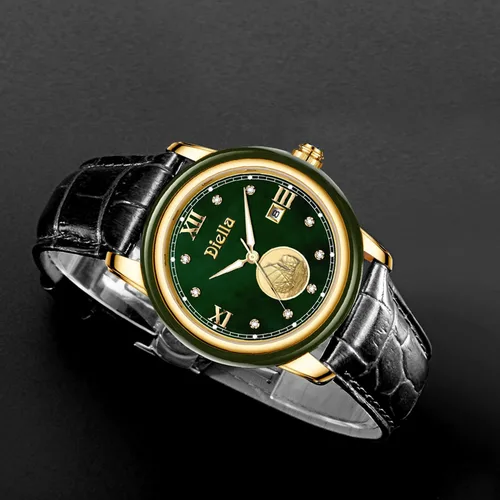 Miniatura 7 de Diella Luxury Dress Watches for Men with Japanese Quartz Movement, Men's Classic Wrist Watches with Black Leather Band, Dark Jade, Gold and Steel