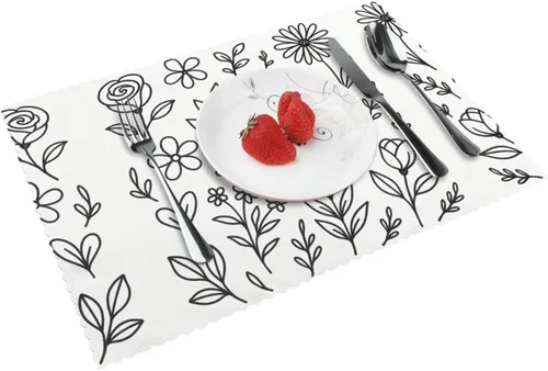 Rectangular Placemats Set of 4, Heat Resistant Flower Doodles Printed Kitchen Dining Table Mats