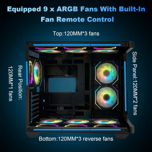 Miniatura 12 de SZSKYING Funda para PC ATX Mid-Tower Gaming con 9 ventiladores ARGB con control remoto, vidrio templado, radiador de 14.173 in, tipo C, negro.