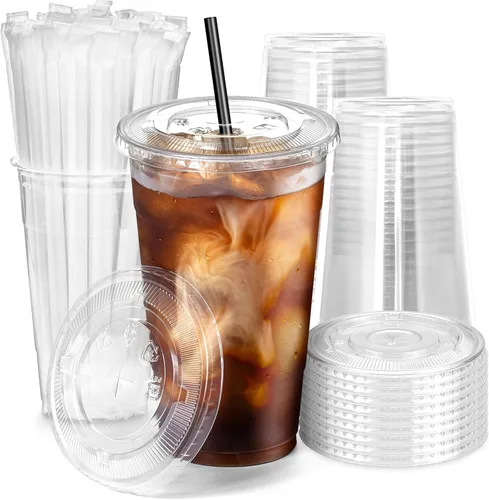 Miniatura 12 de Fit Meal Prep Paquete de 100 Vasos de Plástico para Café Helado de 12 oz con Tapas Planas y Pajitas Negras, Vaso Transparente Desechable, Vaso Libre