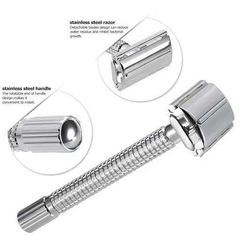 Miniatura 6 de Navaja de afeitar de seguridad de doble filo de acero inoxidable con 20 piezas de acero inoxidable, juego tradicional de afeitar de doble filo
