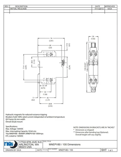Miniatura 4 de Midnite Solar Disyuntor, 100A 150VDC, 1-Polo, Montaje DIN, Modelo MNEPV100