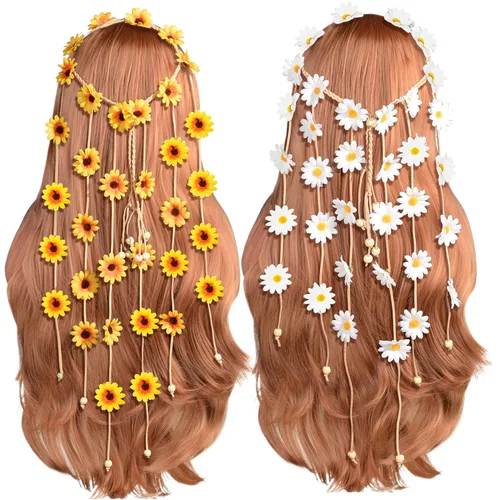 Sucrain 2 diademas hippie de flores, corona floral, accesorios para el cabello de girasol de verano para los años 70, estilo bohemio para mujeres