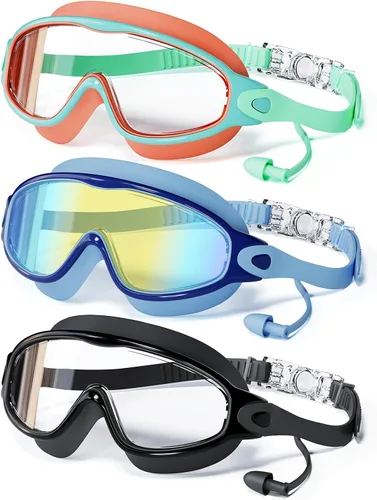 Miniatura 16 de Paquete de 3 gafas de natación para niños, con tapones para los oídos, marco grande, antivaho, UV, visión amplia, para niños y niñas de 4 a 12 años