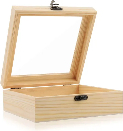 Caja de madera de pino – Caja de almacenamiento de madera natural extra grande con tapa con bisagras y cierre frontal para manualidades, arte, 7.9 x