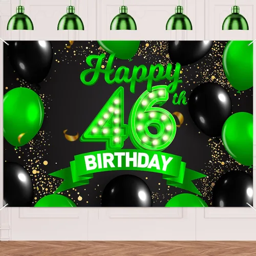 Miniatura 12 de Cartel de feliz cumpleaños 26 verde y negro, telón de fondo con texto en inglés "Cheers to 26 years old confeti", globos de confeti, decoración