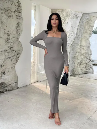 Miniatura 4 de Vestidos ajustados para mujer, con cuello cuadrado, manga larga, suave, acanalado, ajustado, 2023