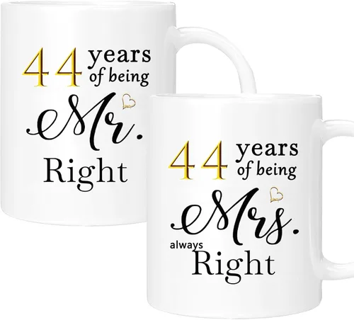 Juego de 2 tazas de café del 44º aniversario, regalos y decoraciones de boda del 44º aniversario para parejas, padres, abuelos, hombres, mujeres,