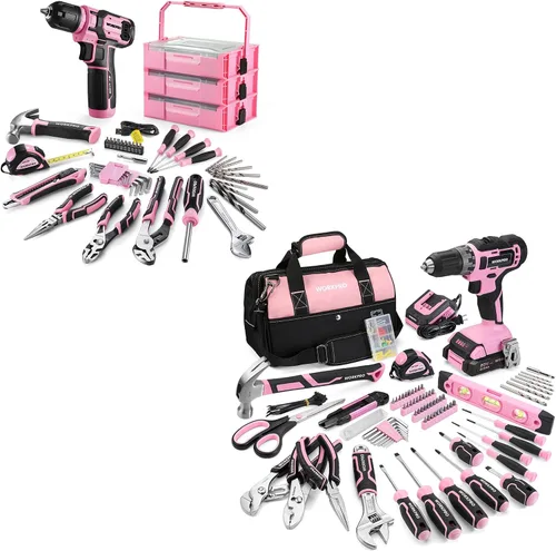 WORKPRO Juego de herramientas para el hogar de 157 piezas con taladro eléctrico de 20 V y WORKPRO 43 piezas, juego de herramientas rosa con taladro