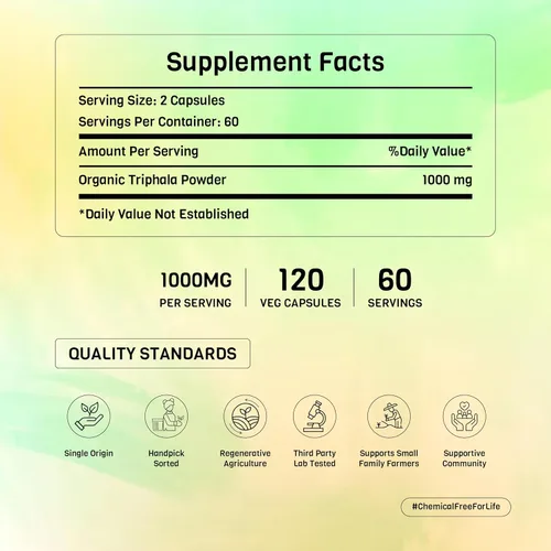 Miniatura 5 de Cápsulas de polvo de trifala orgánica de 1000 mg Certificado orgánico USDA Sin OMG Sin gluten Vegano - 120 cápsulas vegetales
