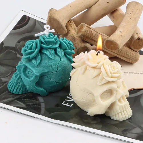 Miniatura 2 de Grainrain Molde de vela de silicona 3D con diseño de cráneo y rosa, molde de vela pilar decorado, moldes de silicona hechos a mano para hacer velas
