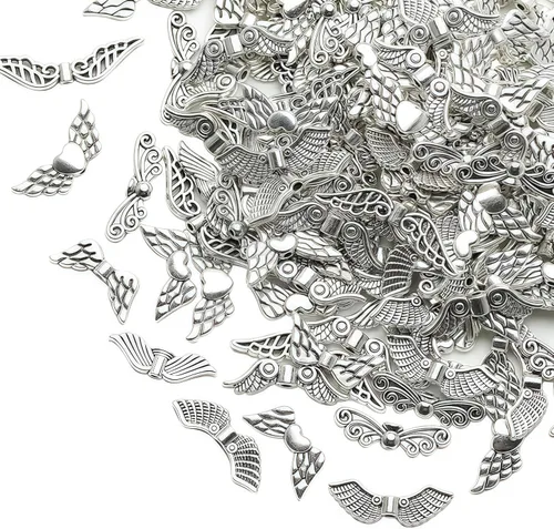 DAHI 200pcs Angel Wing Crafting Set Wing Spacer Beads Wing Beads Metal Bead Caps Pearl Angel for Crafting Accessories with Carabiner Clasp
