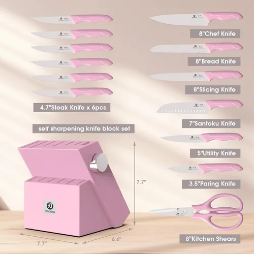Miniatura 7 de imarku Juego de cuchillos afilados con afilador integrado, juego de cuchillos de cocina japoneses de acero inoxidable con mango ergonómico Rosa