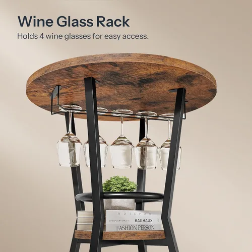 Miniatura 9 de HOOBRO Mesa redonda de bar, mesa de bar de 2 niveles con soporte para copas de vino, mesa de cóctel industrial, para espacios pequeños, taberna