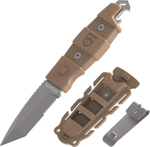 GEAR AID Kotu Tanto Cuchillo de hoja fija para exteriores con funda de liberación rápida, hoja recubierta de titanio de 3 pulgadas Coyote