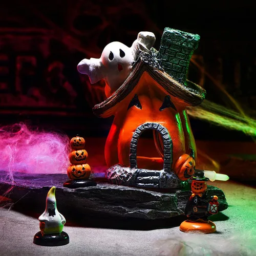 Miniatura 4 de Blulu 4 piezas de decoraciones de Halloween para pecera, figuras en miniatura para interiores y exteriores, resina, fantasma, calabaza, casa