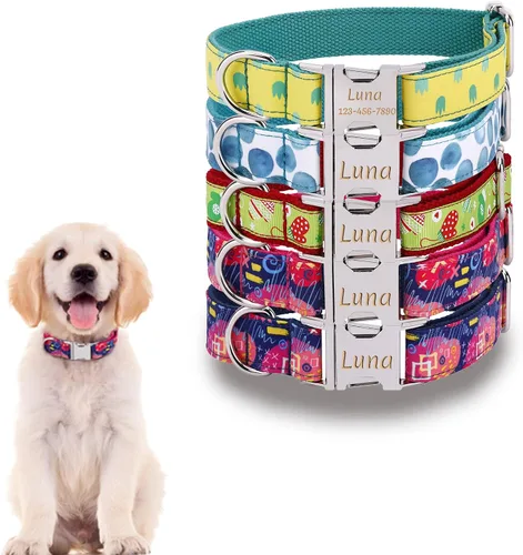 Miniatura 15 de Collar de perro personalizado con placa de nombre, ajustable resistente nailon personalizable collar de identificación grabado con hebilla de metal