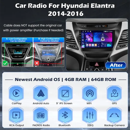 Miniatura 2 de [4+64G] Android 15 Estéreo de coche para Hyundai Elantra 2014 2015 2016, Hikity 9 pulgadas IPS pantalla táctil Elantra Radio inalámbrico Carplay