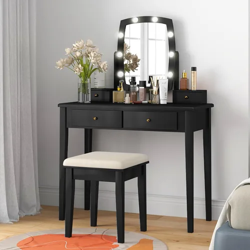 CHARMAID Escritorio de tocador con espejo y luces, mesa de tocador para maquillaje con espejo giratorio, luces LED regulables de 3 colores, 4