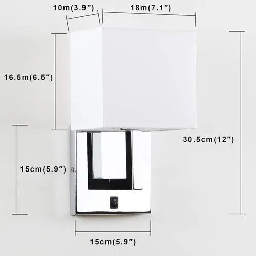 Miniatura 2 de PERMO Lámpara de pared individual con acabado cromado con pantallas textiles blancas y botón de interruptor de encendido/apagado, pequeñas lámparas