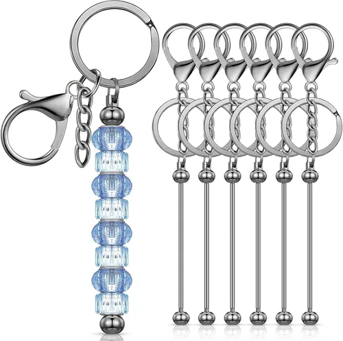 Huwena 6 piezas de llaveros con cuentas, barras en blanco, llavero de cuentas de metal para colgante, manualidades, joyería, regalo Gris