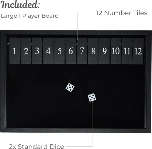Miniatura 6 de WE Games: juego de mesa de madera "Shut The Box" - Juego de pub para cerrar la caja con 12 fichas de números y 2 juegos de dados - Acabado negro