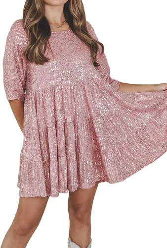 Miniatura 2 de Vestido de lentejuelas brillantes para mujer, cuello redondo, manga corta, color sólido, suelto, con purpurina, vestido de muñeca de bebé, fiesta