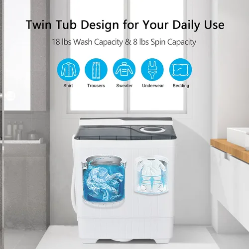 Miniatura 3 de COSTWAY - Lavadora portátil, lavadora de doble bañera con capacidad de 26 libras, lavadora de 18 libras y centrifugado de 8 libras, lavadora