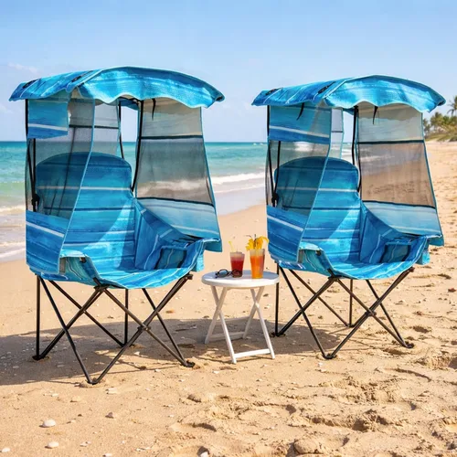Miniatura 9 de ABORON Silla de camping con toldo, silla de playa plegable con sombra, silla portátil para exteriores con portavasos y bolsa refrigeradora